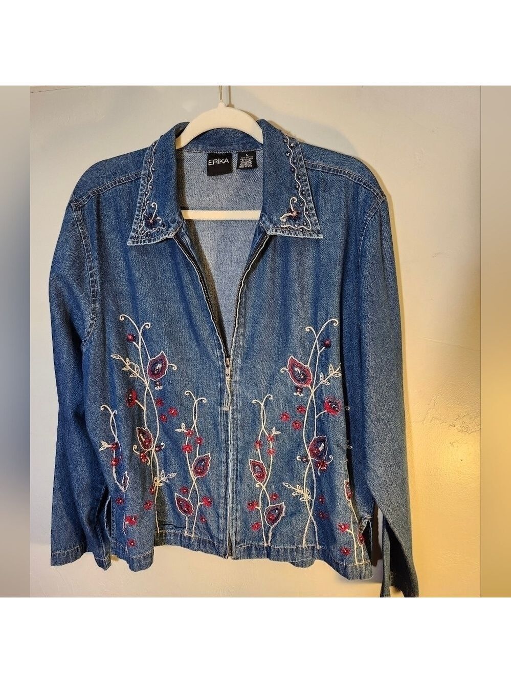 Erika embroidered embellished w/beads on collar denim zip up jean jacket sz L
